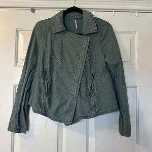 Free People Linen Blend Moto Combat Jacket Snap Front Green Women's Size XS